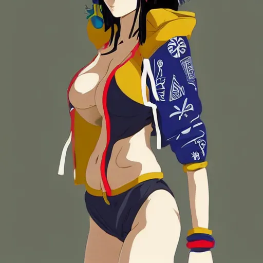 Image similar to a beautiful young japanese natalie portman alluring gravure model, stylized concept art, wearing elaborate oversized designer bomber jacket and one piece bikini, bulky bomber jacket with mesoamerican patterns, mesoamerican native street fashion, princess mononoke, painted by ilya kuvshinov aesthetic, gorgeous, stunning, alluring, attractive, artstation, pinterest, digital art