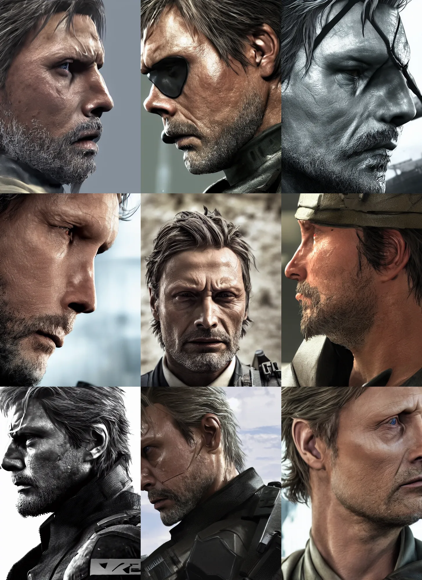 Prompt: Mads Mikkelsen as Solid Snake in Metal Gear Solid (2022), side view profile, high-quality, 4k