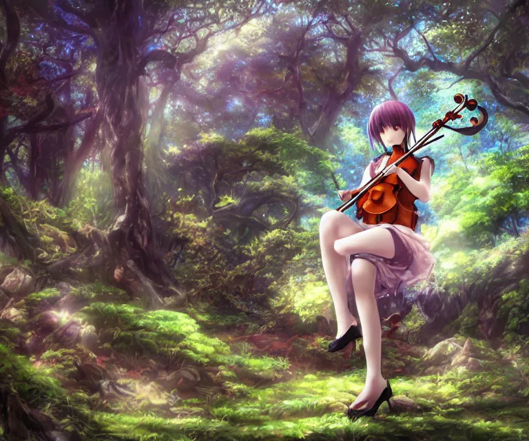 Prompt: violin in a forest, anime fantasy illustration by tomoyuki yamasaki, kyoto studio, madhouse, ufotable, comixwave films, trending on artstation