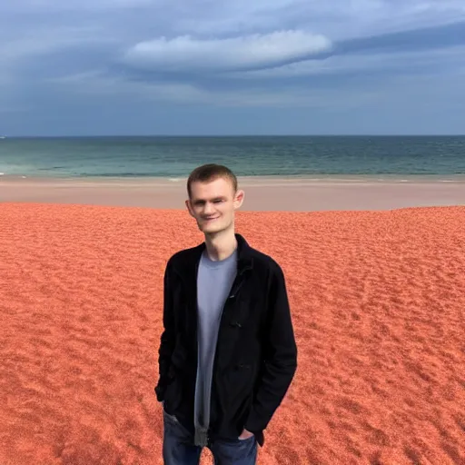 Image similar to vitalik buterin on a red beach taking a selfie