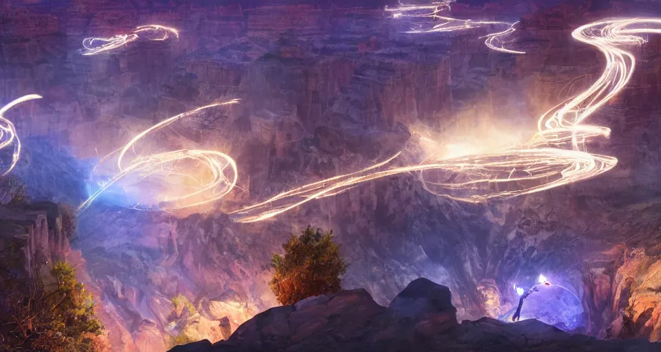 Image similar to night, a lot of people and a spiral - shaped white luminous attractor is floating in grand canyon, concept art, art for the game, professional lighting, art