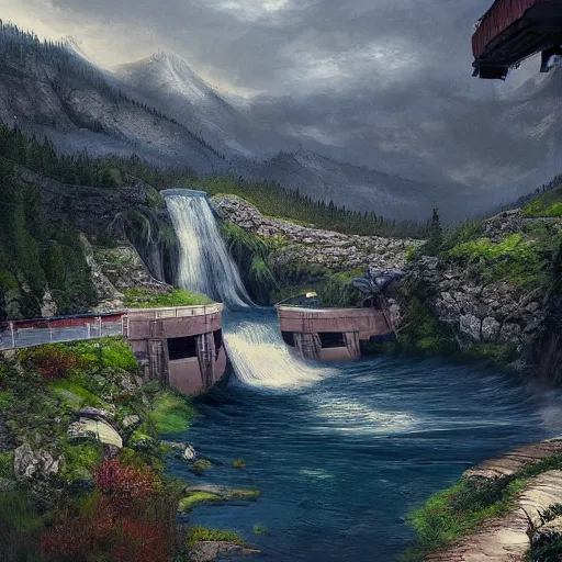 Image similar to A stone lake dam high in the mountains. The dam exploded in the middle creating a waterfall that overflows the river below. .Fantasy, concept art, sharp focus, artstation