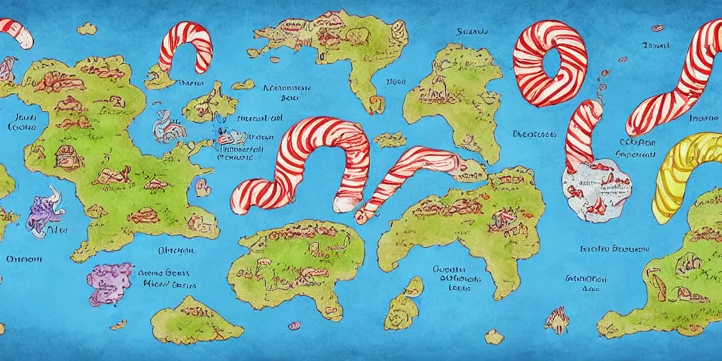 Prompt: a fantasy world map where an entire continent was formed by a giant candy cane once crashing into the earth creating the candy continent