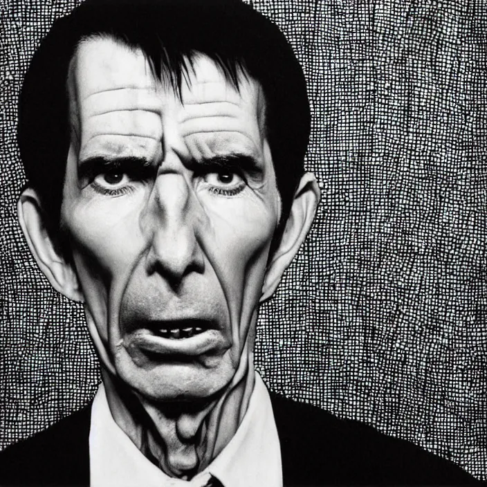 Prompt: a portrait of anthony perkins, fierce, scary, unnerving, by chuck close, by elizabeth payton