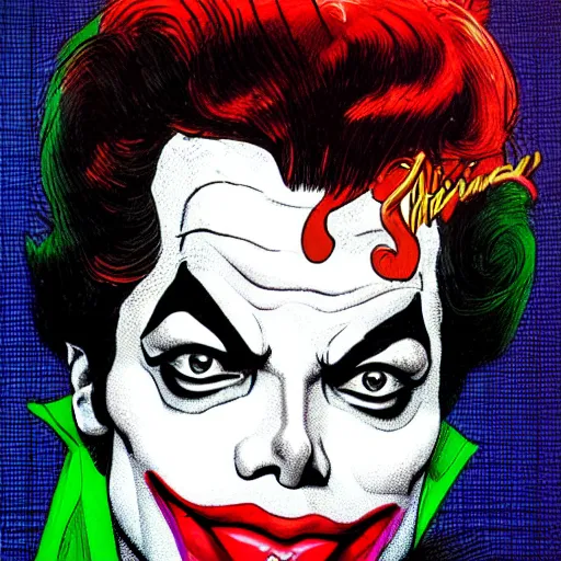 Image similar to dynamic macro head portrait of beautifu michael jackson as the joker in white sequined jacket by john romita sr and cory walker and ryan ottley and jack kirby and barry windsor - smith, comic, illustration, photo real