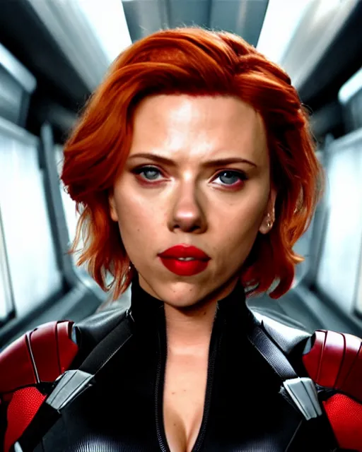 Image similar to film still of beautiful scarlett johansson wearing a fat - suit as black widow from 2 0 1 2's the avengers, cinematic lighting, octane render, backlit, rim lighting, 8 k resolution