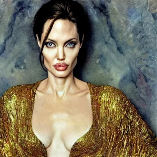 Image similar to an amazing award winning photo of angelina jolie as of adele bloch - bauer by gustav klimt