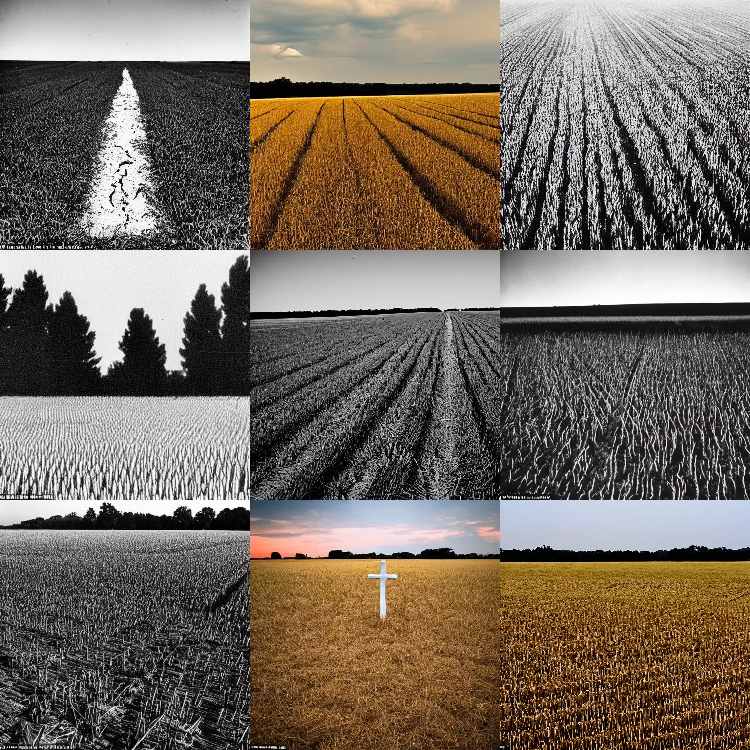 Prompt: a shallow cornfield with closely aligned White grave crosses that stretch 6 deep into the distance. The sky is orange , black and red. The words \'Metallica\' appear at the top. There are two faint hands with many strings stretching down to each of the crosses