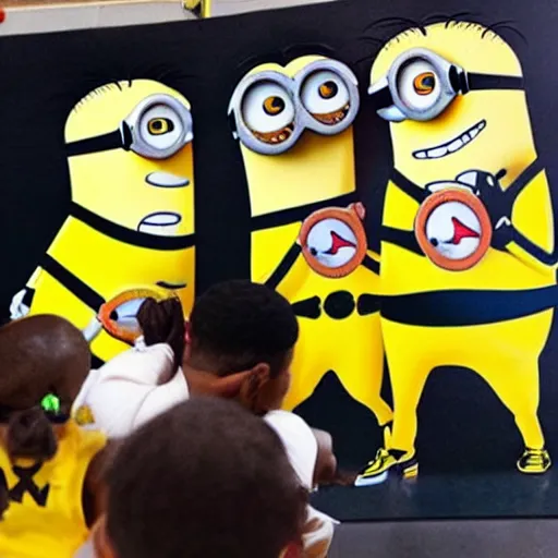 Prompt: lebron teaching the minions how to shoot, kids drawing,