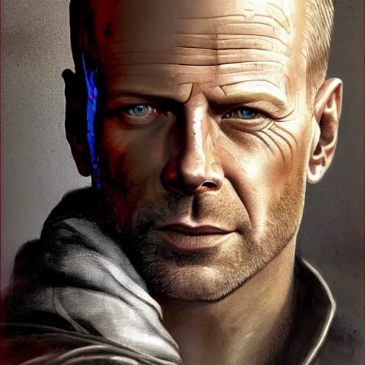 Image similar to A combination of Bruce Willis's and Neil Patrick Harris's and Eric Christian Olsen's faces as Aiden Caldwell character from Dying Light 2 Stay Human, western, D&D, fantasy, intricate, elegant, highly detailed, digital painting, artstation, concept art, matte, sharp focus, illustration, art by Artgerm and Greg Rutkowski and Alphonse Mucha