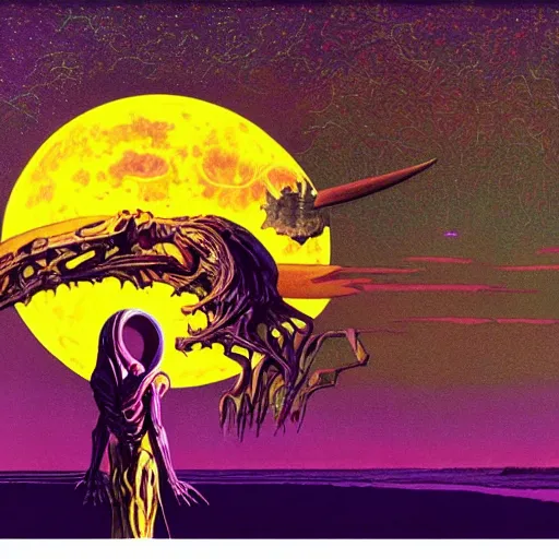 Prompt: colossal bones - like husk creature cosmic moon god setting over vast purple red yellow green landscapes, gerald brom, phillipe druillet, moebius, dan mumford