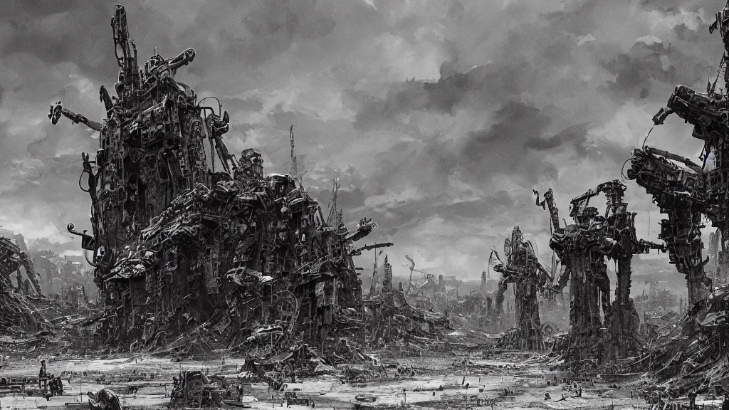 Prompt: group of survivors, post apocalypse remnants of civilization, machines, bleak, eerie atmospheric, by tsutomu nihei, gerald brom and vincent di fate, epic cinematic matte painting