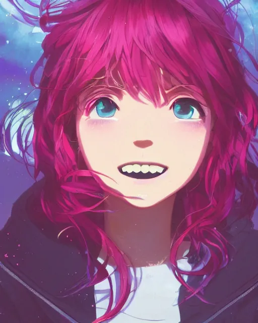 Image similar to happy teenage girl side face with pink curly pastel hair .Many single strips of hair floating in the air. Bright big eyes. Fine particles of red leaves.，cute, anime wallpaper，Sunlight on the face.by Krenz Cushart, Ian McQue, Ilya Kuvshinov, CloverWorks.vivid color.Shining highlights
