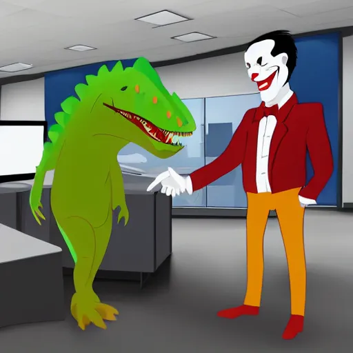 Image similar to The Joker shaking hands with an anthropomorphic dinosaur who is wearing a suit in an office, 8k, detailed,