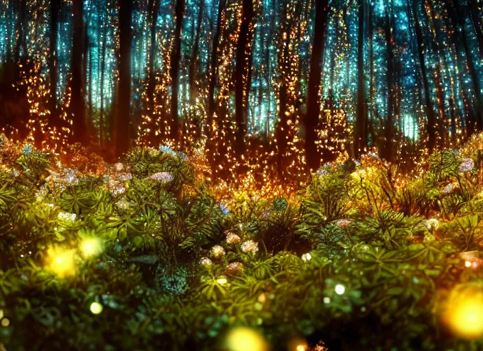 Image similar to a fantasy forest on planet Pandora with delicate flowers and mushrooms and plants that glow in the dusk, macro close up, bokeh,