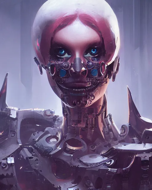 Image similar to a cyborg demon girl, flawless symmetrical pretty face, greg rutkowski, 8 k, shallow depth of field, intricate detail, concept art,
