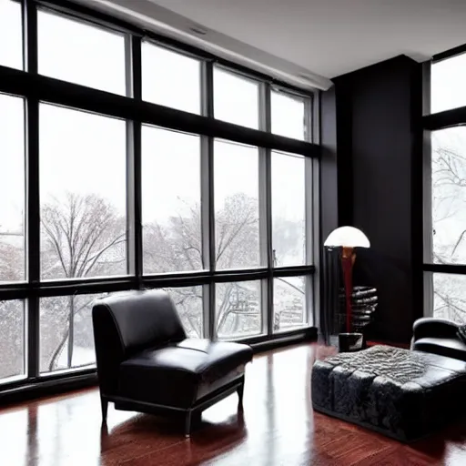 Image similar to modern loft overlooking central park in winter, snowing, fireplace roaring, woman sitting in modern leather chair looking out the window, warm lighting, blizzard outside, nyc, in the style of bill sienkiewicz