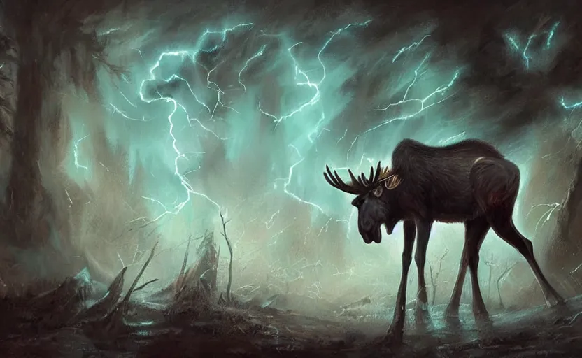 Image similar to moose with lightning horns, fantasy art, concept art