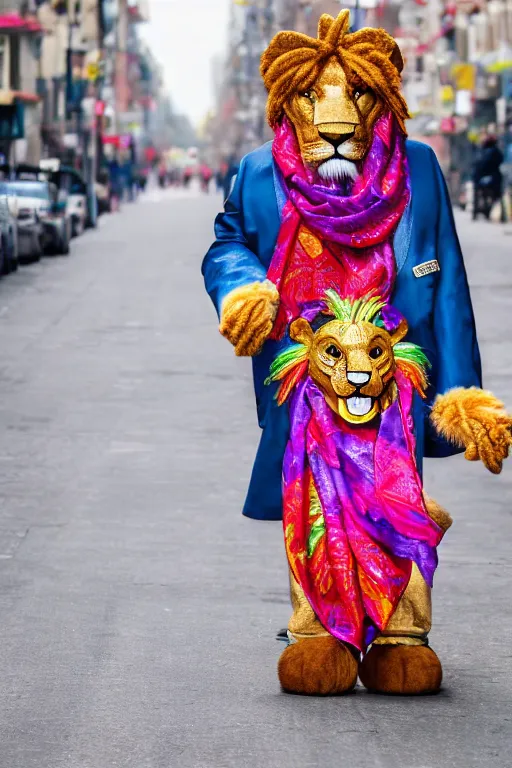 Image similar to An anthro anthropomorphic lion wearing a brightly coloured hat and silk scarf, proudly walking down the street, happy, joyful, in the style of Arthur Thiele