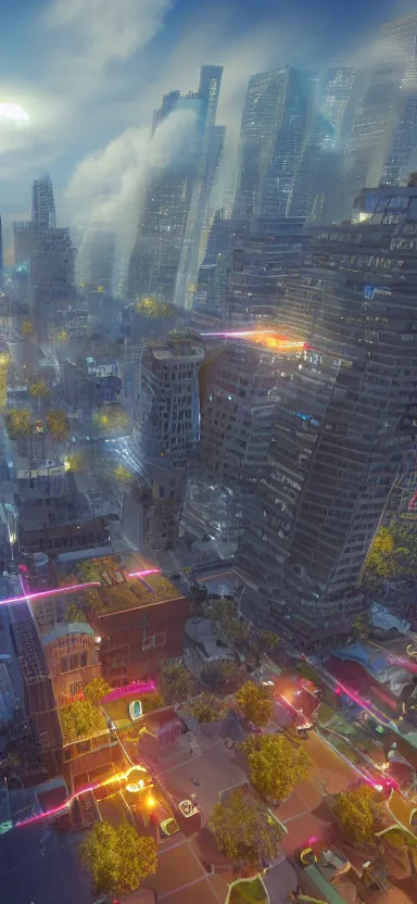 Image similar to unreal engine 5 render of a happy city during the day with lasers coming out of the clouds, digital art ”