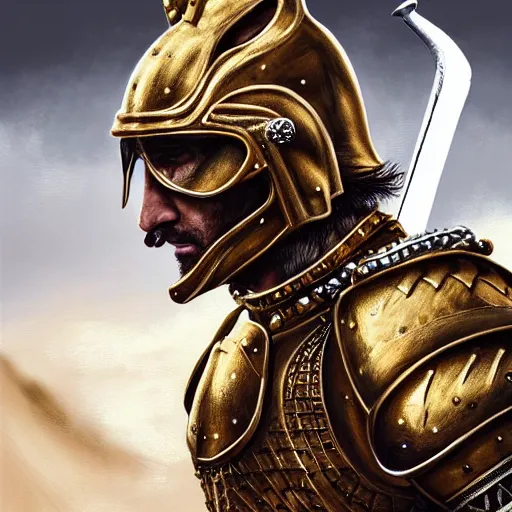 Image similar to Hyper-realistic painting of the King of the Desert, Warrior at war, battle field, action, Gold Armour suit, Sword, handsome attractive face, attractive young man, beautiful face, dramatic lighting, majestic, D&D, fantasy, elegant, intricate, highly detailed, digital painting, concept art, sharp focus, illustration, trending on artstation, art by artgerm and greg rutkowski and alphonse mucha