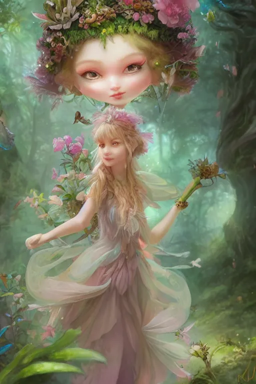 Image similar to a cute and geogerous fairy in the dreamy forest, fantasy, dreamlike, 8 k resolution, hyper detailed, d & d, character design, digital painting, trending on artstation, sharp focus, illustration, art by viktoria gavrilenko, hoang lap, fuji choko, steve zheng,