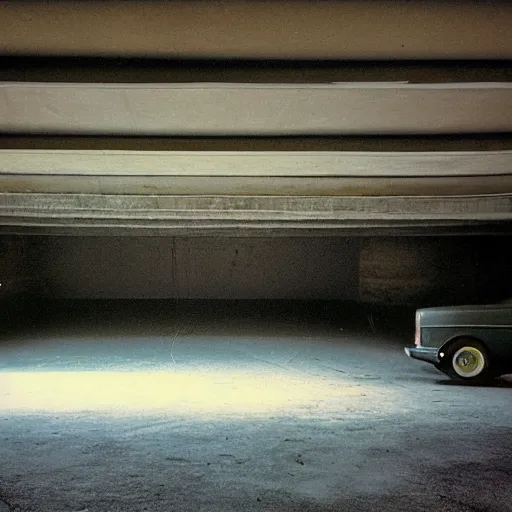 Prompt: 1975 hatchback, inside of an badly lit 1970s parking garage, ektachrome photograph, volumetric lighting, f8 aperture, cinematic Eastman 5384 film