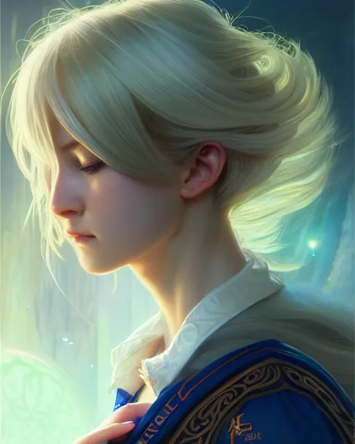 Prompt: side portrait of a young adult college female, magic uniform university, light coloured hair, short hair, fantasy building, intricate, sharp focus, lens flare, bloom, rim light, illustration, highly detailed, digital painting, concept art, matte, art by wlop and artgerm and greg rutkowski and alphonse mucha, masterpiece