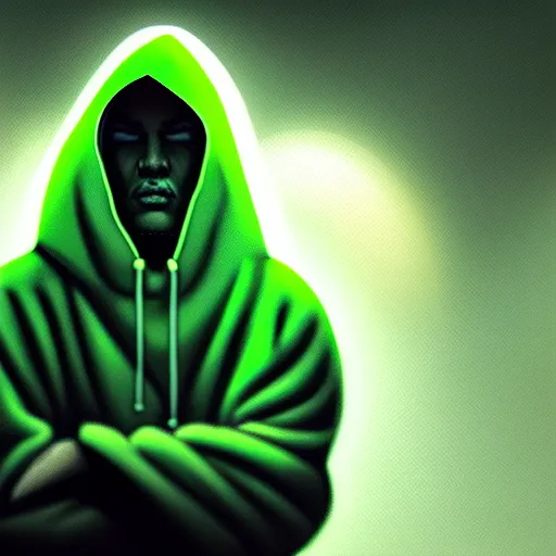 Image similar to portrait of a programmer with green hood by greg rutkowski, neon light