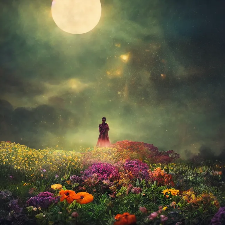 Image similar to a planet of various flowers, fungus and plants, in which the human figure is dressed in something magical and impressive, inside the picture is infinity, sunset light, Atmospheric phenomenon, artistic photography, muted colors, conceptual, long exposure outside the city, volumetric light