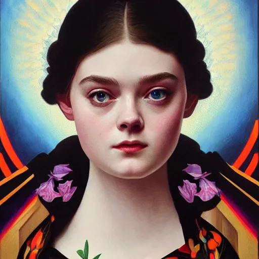 Prompt: a vintage portrait painting of elle fanning in prey wearing a black baclava, highly detailed, art by tristan eaton and artgerm and william - adolphe bouguereau