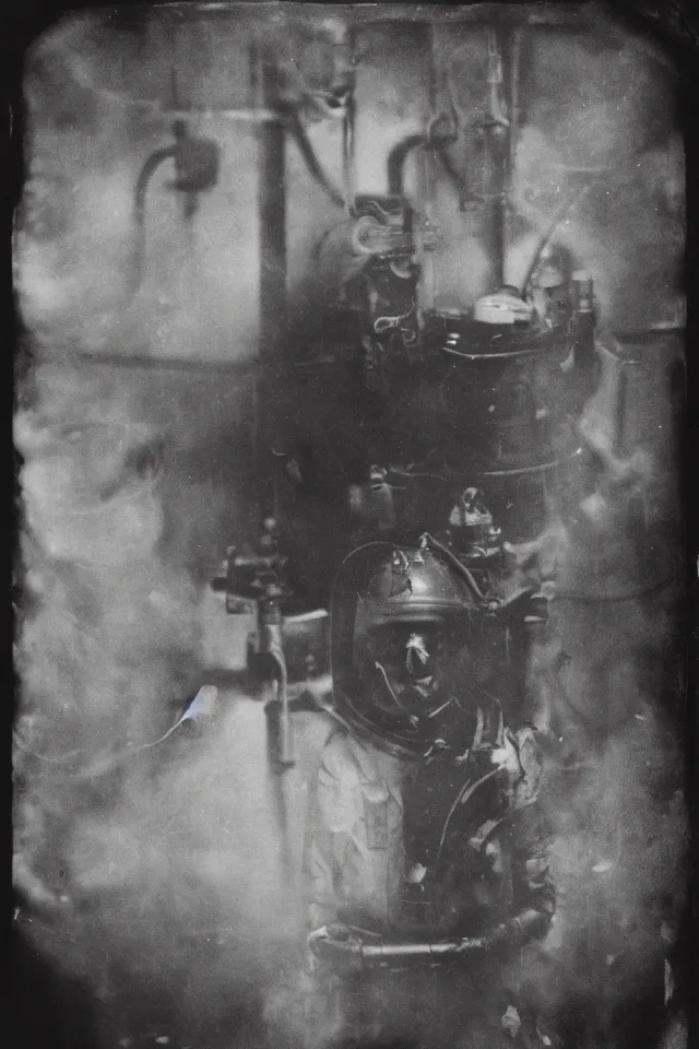 Prompt: wet plate photograph portrait of astronaut in victorian era boiler room, coal inferno