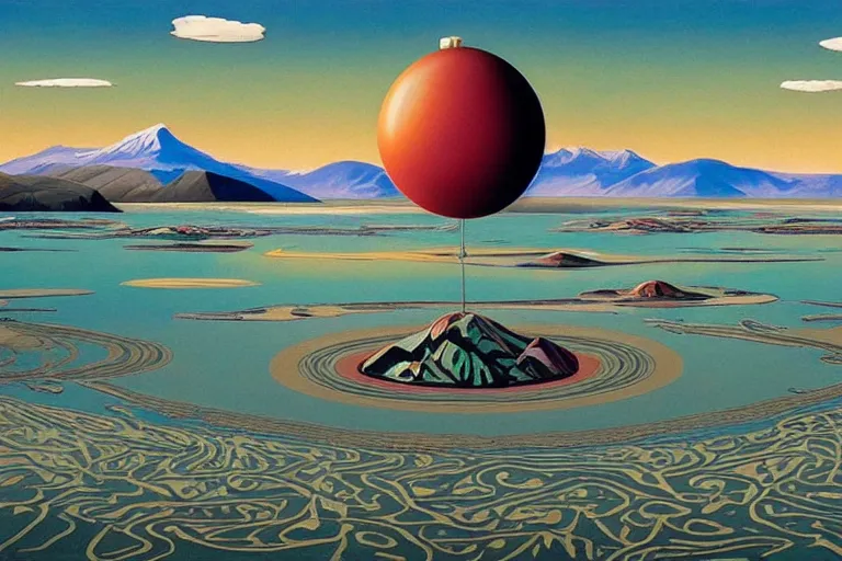 Image similar to a giant ((((metallic)))) floating sphere covered in canadian colorful aboriginal patterns!! hovering above a Yukon lake, (painted by Ralph McQuarrie), matte painting, very detailed, cold colors, concept art
