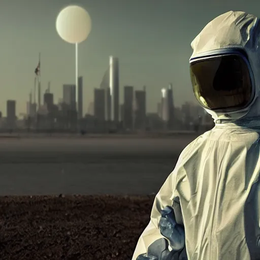 Prompt: a beautiful award-winning photo of the last man on Earth wearing a robotic hazmat suit, serene idyllic post-nuclear background, a mirage of the skyline of destroyed Buenos Aires, volumetric lighting, very high quality, extremely detailed, subtle visual noise, 8K