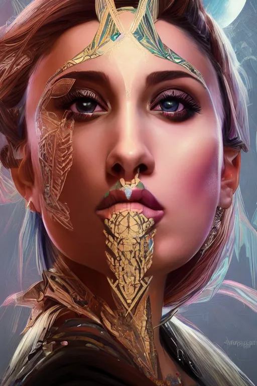 Image similar to symmetry!! portrait of arianna grande in the style of horizon zero dawn, machine face, intricate, elegant, highly detailed, digital painting, artstation, concept art, smooth, sharp focus, illustration, art by artgerm and greg rutkowski and alphonse mucha, 8 k