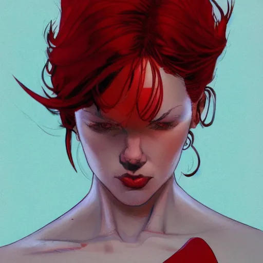 Prompt: a beautiful comic book illustration of a red-headed woman with a white shirt in a laboratory waving by Jerome Opeña, featured on artstation