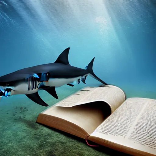 Image similar to a shark underwater reading a book realistic hdr photoshoot