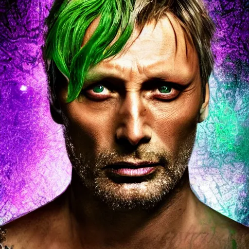 Image similar to mads mikkelsen dressed as tinkerbell from disney's peter pan, green fairy dress, grim facial expression, high medieval fantasy, full color digital art, cinematic shot, portrait, wide shot.