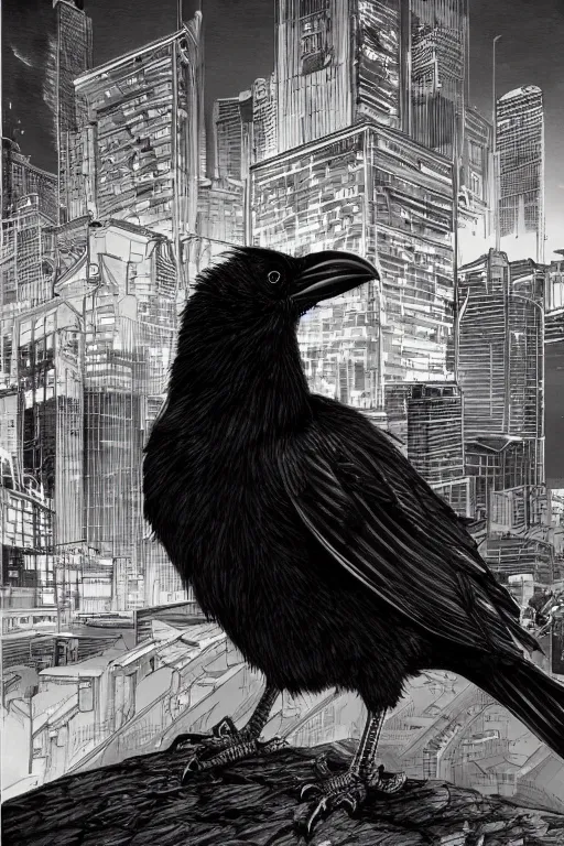 Prompt: portrait raven bird by yusuke murata and masakazu katsura, artstation, highly - detailed, cgsociety, artstation, pencil and ink, fighting pose, city in the background, dark colors, detailed face