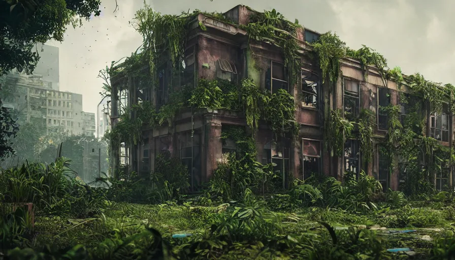 Image similar to Abandoned Building Overgrown by beautiful plants, Dystopian Slum, Hyperrealism, Hyperdetailed, Intricate Details, Anamorphic Lens, Cinematic Lighting, Volumetric Lights, Raytracing Reflections, Unreal Engine 5