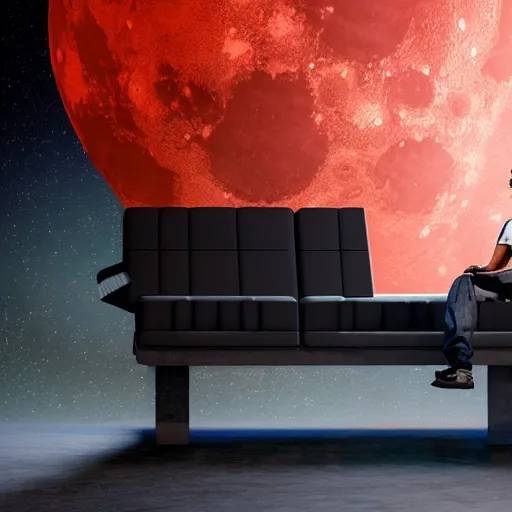 Image similar to gustavo cerati sitting on a sofa looking at the red moon, digital art, matte painting, render unreal engine, octane render, highly detailed, asymmetrical