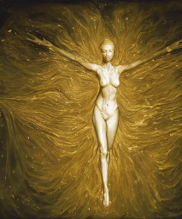 Prompt: Beautiful full-body wax sculpture of a glowing clothed transparent moth with a woman face in a glowing dress with visible gold bones covered with melted white wax inside the singularity where stars becoming baroque folds of dark matter by Michelangelo da Caravaggio, Nicola Samori, William Blake, Alex Grey and Beksinski, dramatic volumetric lighting, highly detailed oil painting, 8k, masterpiece