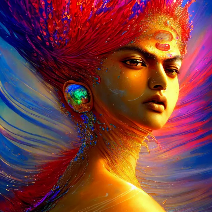 Image similar to ultra detailed stunning digital painting of a angry indian anime girl, skin made out of chrome, covered in a sea of iridescent liquid, lost in a dreamy oriental realm by Karol Bak, Moebius, hiroshi yoshida, Druillet, xsullo, colorful, front view, vivid colors, 8k, coherent, anime vibes, uplifting, magical composition, artstation, synthwave, 8k, coherent, artgerm, uplifting, unreal engine, magical composition, artstation