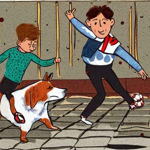 Image similar to illustration of french boy in paris playing football against a corgi, the corgi is wearing a polka dot scarf