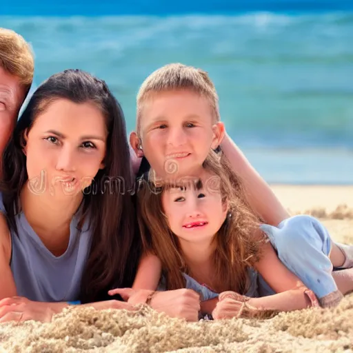 Prompt: wide 7 5 mm stock photo shot of a happy family on a beach, realistic shaded perfect face, realistic shaded lighting, 8 k ultra realistic