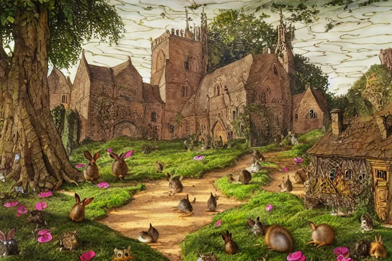 Prompt: an elaborate and dense painting of redwall abbey in mossflower wood with lots of mice and rabbits and otters walking around, detailed, made of alcohol ink on parchment and penned illustrations, by brian jacques and jean baptiste monge