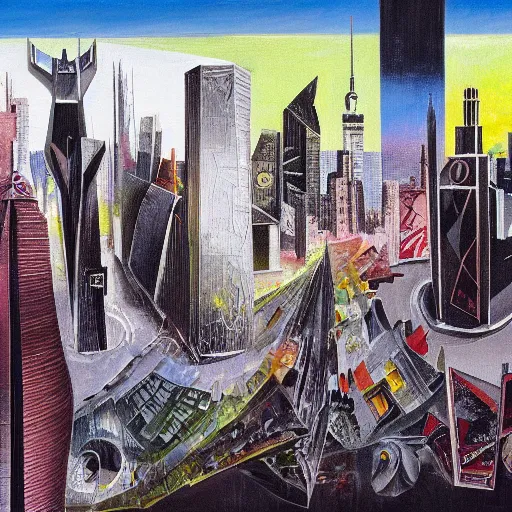 Prompt: Santiago of Chile skyline from a cyberpunk future, oil on canvas by Roberto Matta and Dave McKean