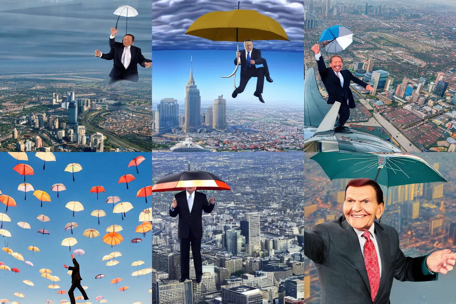 Prompt: kenneth copeland flying over a city holding an umbrella