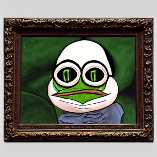 Image similar to fancy pepe the frog, historical portrait painting, oil painting, highly detailed and intricate