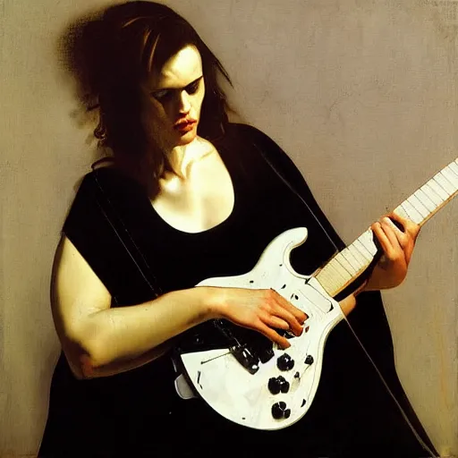 Prompt: Anna Calvi playing electric guitar by Caravaggio and Phil Hale